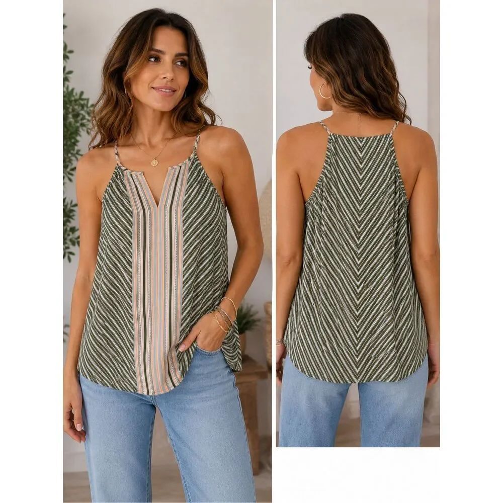 LOFT Striped Sleeveless Cami Tank Top Olive Pink White Size XL